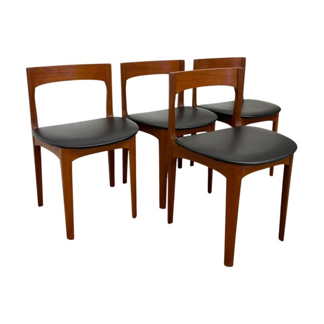 Wood Mid-Century Modern Teak Dining Chairs Uk Import – Set of 4 Danish Modern Style Black Vinyl Side Chairs. For Sale - Image 7 of 12