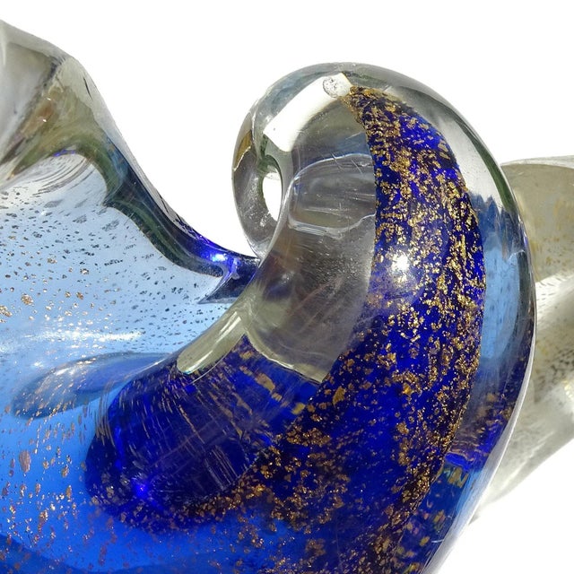 Boho Chic Murano Vintage Blue White Gold Flecks Italian Art Glass Seashell Ring Dish Mid Century Era Decorative Bowl For Sale - Image 3 of 6