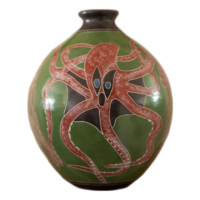 Mid 20th Century Douglas Lopez Signed Sgraffito Vase with Octopus, Whale, and Jellyfish For Sale