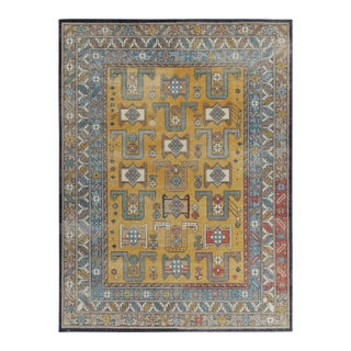 Rug & Kilim's Distressed Style Rug in Blue, Gold and Beige Geometric Pattern For Sale