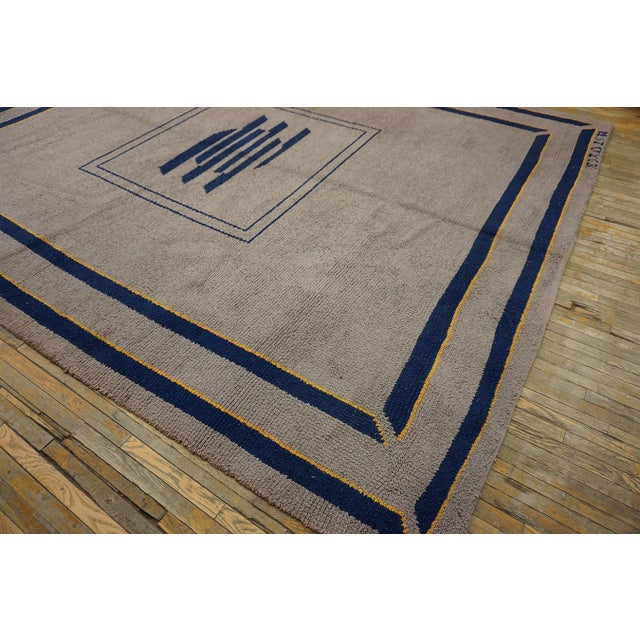 1930s Gray Abstract Medallion Antique Spanish Art Deco Rug 11'10" X 14'3" Knotted Pile Wool Carpet For Sale - Image 10 of 11