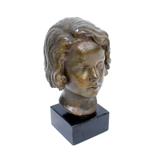Wood J.G., Bust of Girl, 1940s, Bronze and Wood For Sale - Image 7 of 15