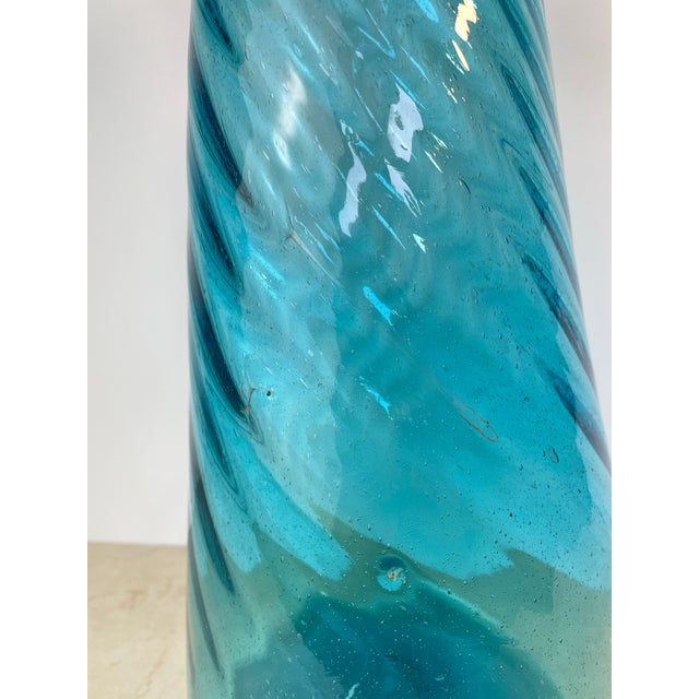 Aqua Vintage Hand-Blown Aqua Optic Swirl Art Glass Floor Bottle For Sale - Image 8 of 8