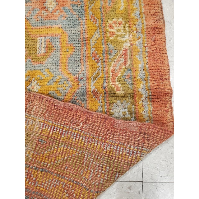 Antique Oushak Carpet, Oriental Rug, Handmade Rug Saffron, Light Blue and Coral For Sale - Image 15 of 18