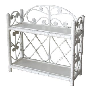 Mid 20th Century Vintage White Rattan, Wicker and Wood, Two-Tier Shelf For Sale