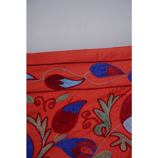 Red Uzbek Suzani Embroidered Wall Hanging – Pomegranate, Bird & Horse Boho Textile 3'4'' X 6'2'' For Sale - Image 10 of 12