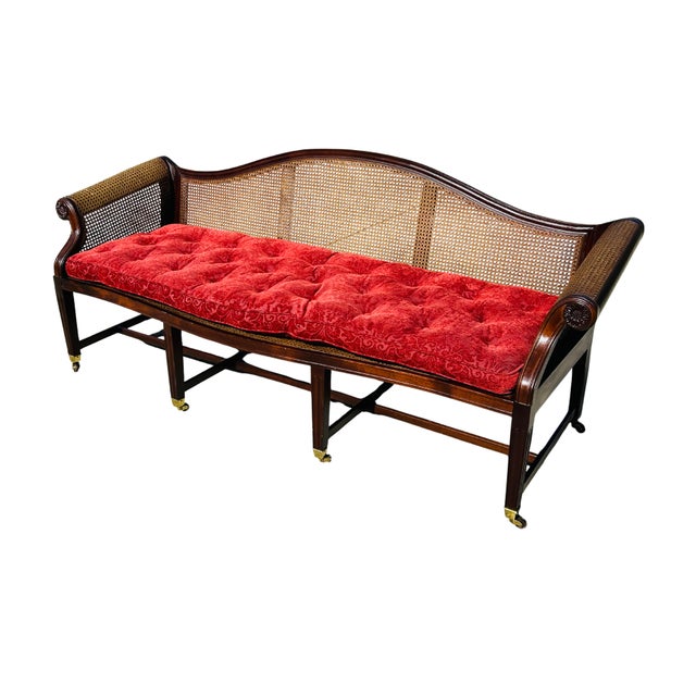 Authenticated Antique Federal Mahogany Caned Settee Sofa, Circa 1800–1815 – Serpentine Back, Reeded Scroll Arms & Original Brass Casters For Sale - Image 10 of 18