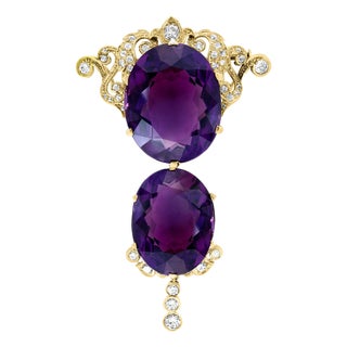 Huge Two Oval Shape Amethyst Pendant Necklace/ Pin & Diamonds 14 Kt Yellow Gold For Sale