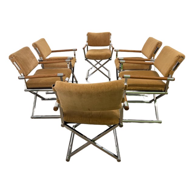 1970s Set 6 Chrome and Wood Cal Style Directors Dining Chairs For Sale