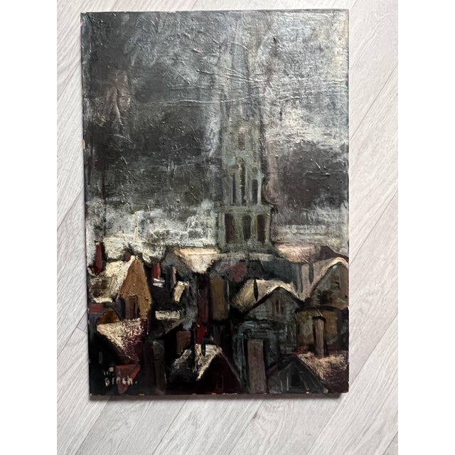 City Scene with Church & Houses at Night, 1920s-1940s, Oil Painting For Sale - Image 4 of 4