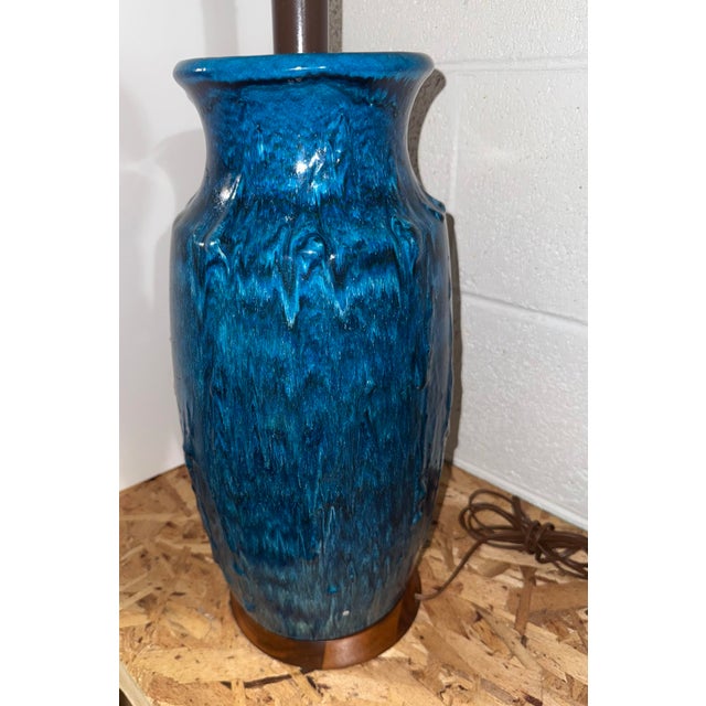 1970s Grand Drip Glaze Cobalt Blue Studio Pottery Ceramic Turned Pottery Lamp For Sale - Image 4 of 10
