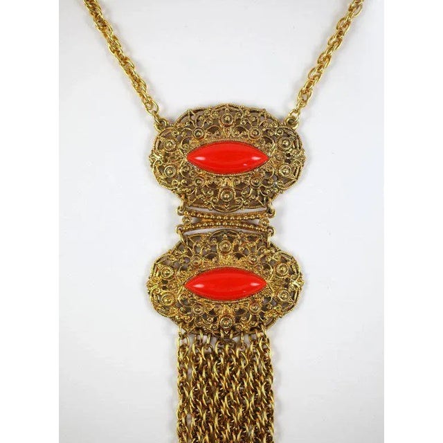 1950s Goldtone Filigree and Faux Coral Pendant Necklace For Sale - Image 4 of 9