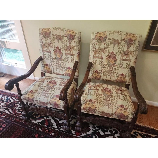 Antique Louis XIII Style Brown Walnut Tiger and Elephant Tapestry Armchairs - A Pair For Sale In Atlanta - Image 6 of 16