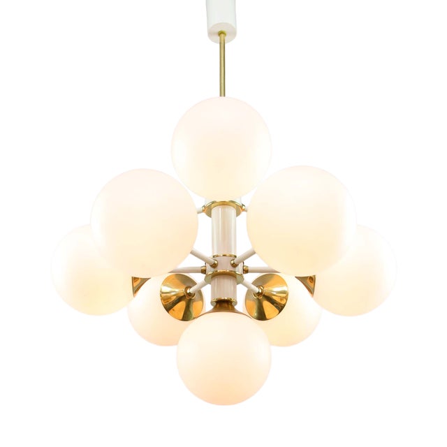 Vintage Italian Brass and Opaline 10-Arm Chandelier, 1970s For Sale