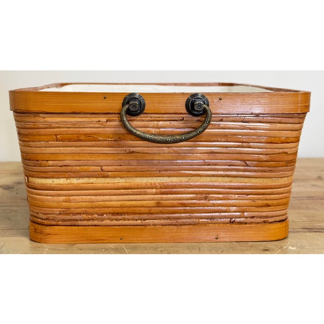 Brown Vintage Lined Split Reed Storage Basket For Sale - Image 8 of 9