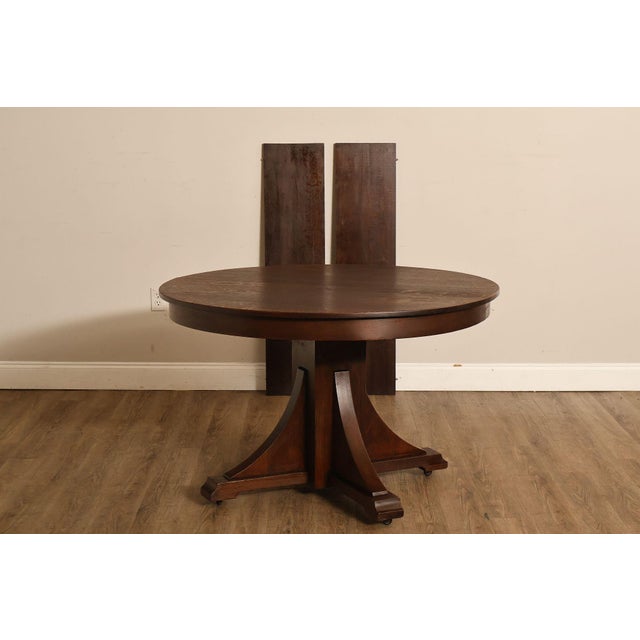 Mission Antique Stickley Brothers 48" Round Oak Dining Table w/2 leaves For Sale - Image 3 of 18