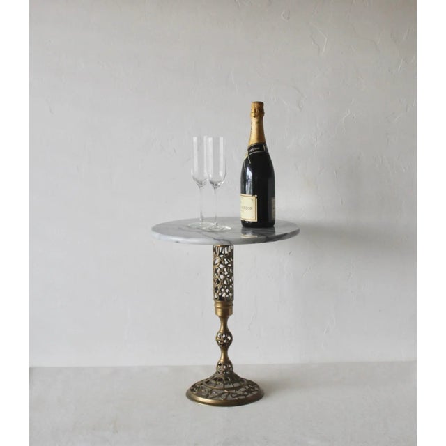 1970s Pierced Reticulated Brass Pedestal Marble Top Drinks Side Table For Sale In Miami - Image 6 of 12