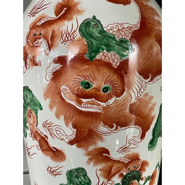 Vintage Tall Chinese Porcelain Vase With Foo Dog Motif, a Pair For Sale In Denver - Image 6 of 17
