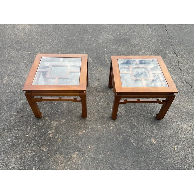 Pair of Mid 20th century Chinese Chippendale Elegance – Vintage Hardwood & Beveled Glass End Tables For Sale - Image 9 of 12