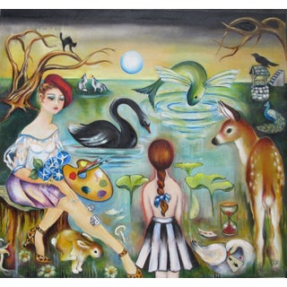 Lost Lagoon by Zoa Ace | Oil on Canvas Painting of a girl, animals, and a serene lagoon scene For Sale
