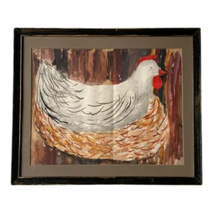 Mid-Century Portrait of Hen in Basket - Charming Rustic Country House Art