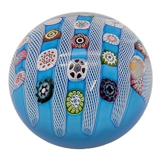 Saint Louis 1972 Limited Edition Signed Blue Millefiori & Latticino Art Glass Doily Paperweight For Sale