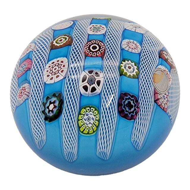 Saint Louis 1972 Limited Edition Signed Blue Millefiori & Latticino Art Glass Doily Paperweight For Sale