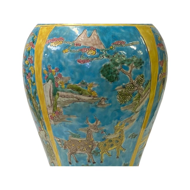 Chinese Porcelain Blue Base Fengshui Animals Graphic Decor Vase For Sale - Image 4 of 11