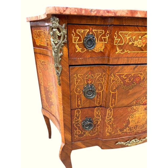 French Vintage Louis XV Style Floral Marquetry Bombe Commode With Marble Top For Sale - Image 3 of 18