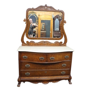 Pulaski Furniture Victorian Revival Oak Dresser With Faux Marble Top and Mirror For Sale