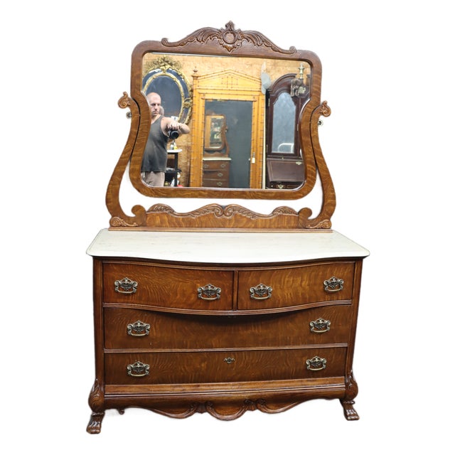 Pulaski Furniture Victorian Revival Oak Dresser With Faux Marble Top and Mirror For Sale