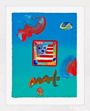 Peter Max Flag With Heart (Unique Mixed Media on Paper), 2009