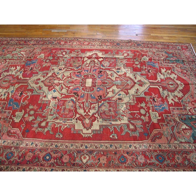 Traditional Charming Red Background Color Geometric Design Antique Persian Heriz Serapi Rug For Sale - Image 3 of 6