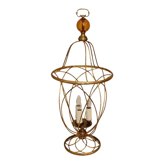 Italian Hollywood Regency Gilt Metal & Amber Crystal Lantern Light For Sale