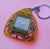 The artwork features a nostalgic virtual pet device, rendered with meticulous detail against a soft pink background. The...