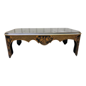 Vintage Chinoiserie Black Lacquered Glass Top Coffee Table