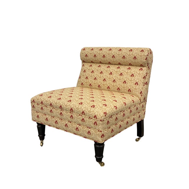 Pair of Petite Traditional Floral Upholstered Slipper Chairs With Brass Casters & Pillows For Sale In Charlotte - Image 6 of 8