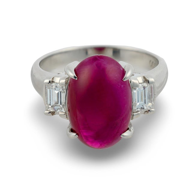 Contemporary Vintage Gia 5.80 Carat Burma Ruby Platinum Engagement Ring, Size 6 For Sale - Image 3 of 6