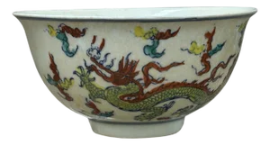 Chinese Off White Color Dragon Graphic Porcelain Bowl Display Art
