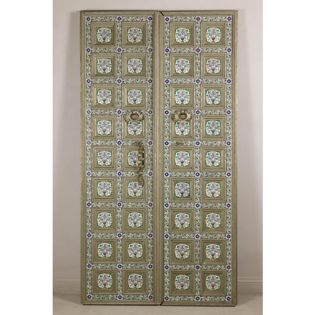 Wood Pair of Antique Indian Decorative Panels with Painted Tin Insets For Sale - Image 7 of 18