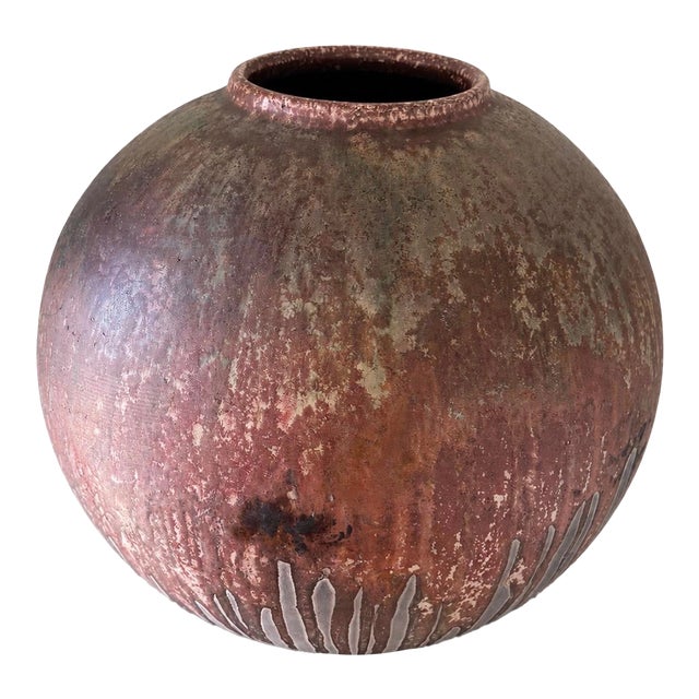 Oversized Vintage Studio Pottery Vase With Lava Glaze Raku Firing For Sale