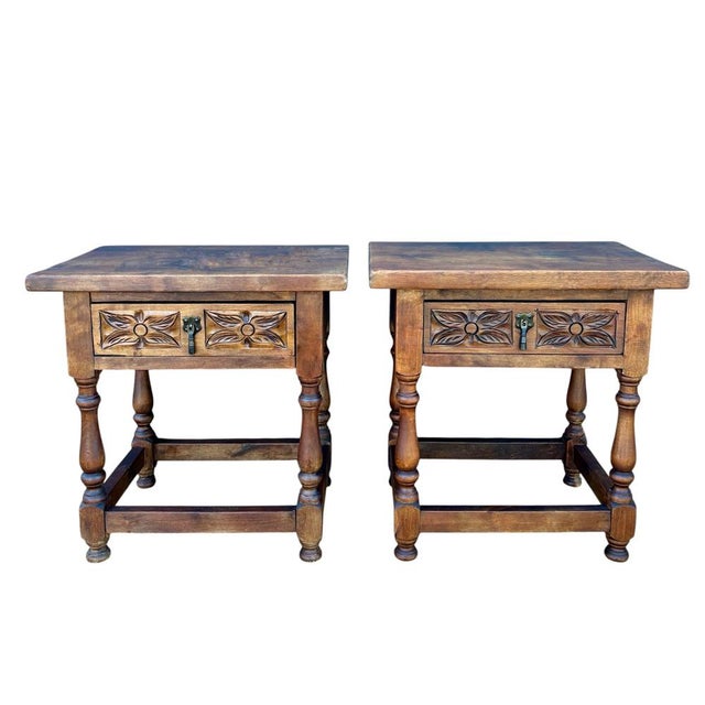 Spanish Rustic Oak Bedside Tables with Carved Drawers, 1950s, Set of 2 For Sale - Image 12 of 12