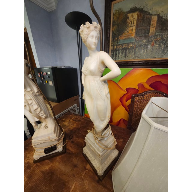 Stone Pair of Mid 20th Century Female Figural Marble/Alabaster Carved Table Lamps For Sale - Image 7 of 8