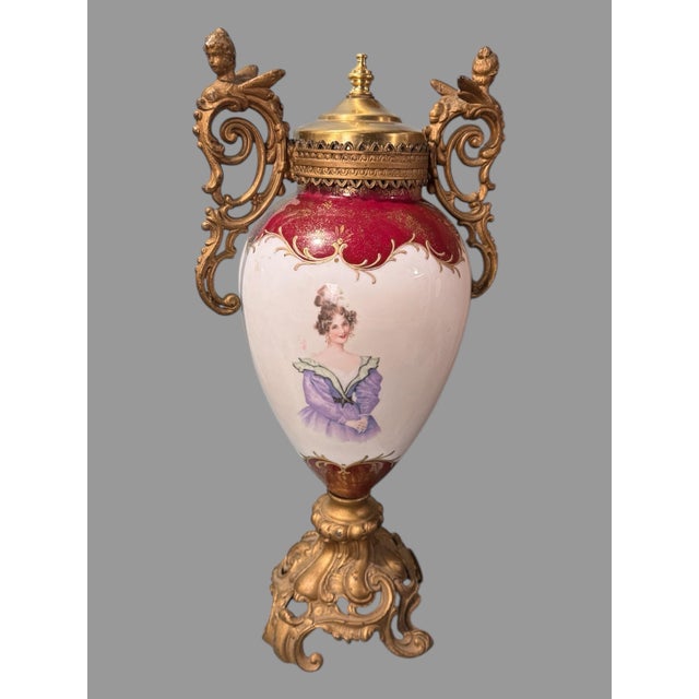 Antique Victorian Porcelain Portrait & Cast Metal Figural Decorated 18" Handled Urn In original condition showing some...