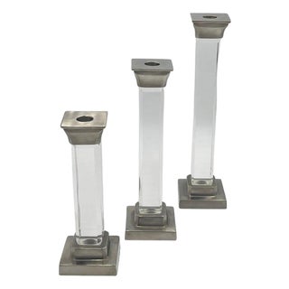 1970s Set of 3 Signed Lucite & Aged Nickel Candle Holders by Charles Hollis Jones, Usa For Sale