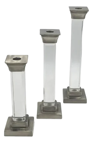 1970s Set of 3 Signed Lucite & Aged Nickel Candle Holders by Charles Hollis Jones, Usa