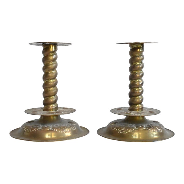 Pair of Antique 17th-Century Swedish Hammered Brass Candlesticks For Sale