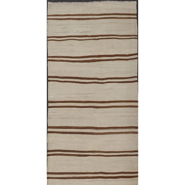 Textile Mid 20th Century Minimalist Design Vintage Kilim Runner With Stripes in Brown and Ivory For Sale - Image 7 of 12