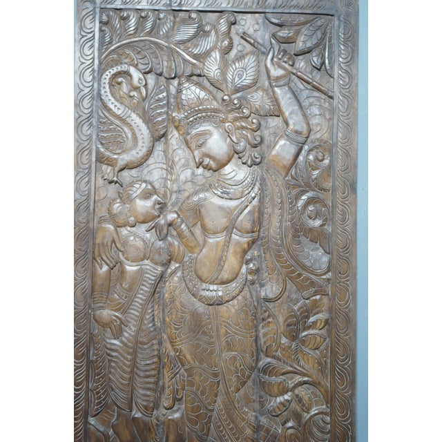 Mid-Century Modern Antique Hand-Carved Wooden Krishna Wall Panel With Peacock | Vintage Indian Sculptural Wall Art 72x35 For Sale - Image 3 of 4