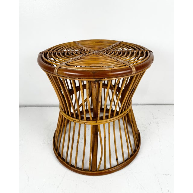 Wood Vintage Round Pencil Reed Rattan Side Table For Sale - Image 7 of 10